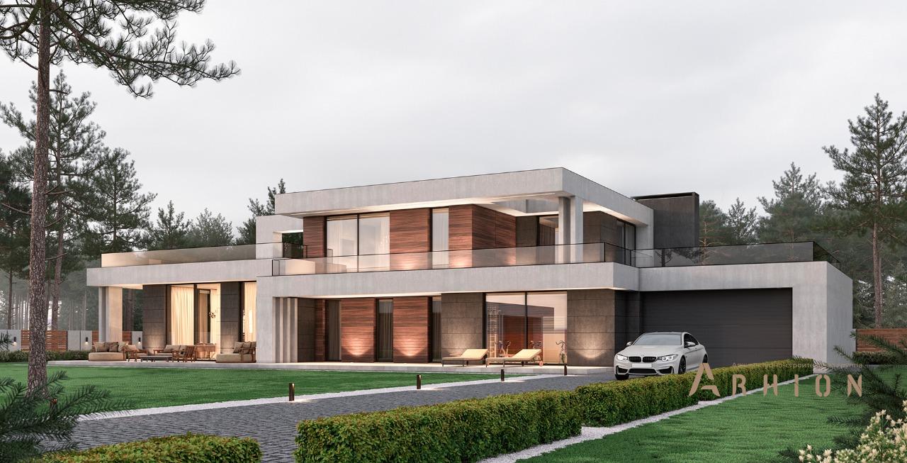 1. Проект двухэтажного дома в стиле хай-тек с плоской кровлей , M-390, площадью - 396 кв c терассой, балконом, гаражом